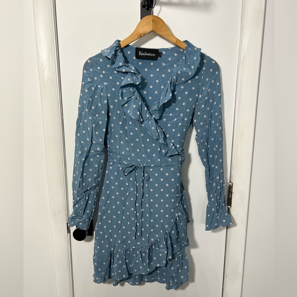 Realization blue polka dot silk wrap dress